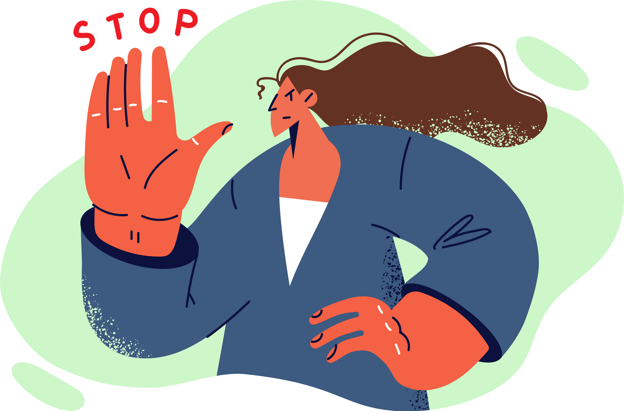 Determined woman making stop gesture with palm outstretched to rejecting harassment from colleagues